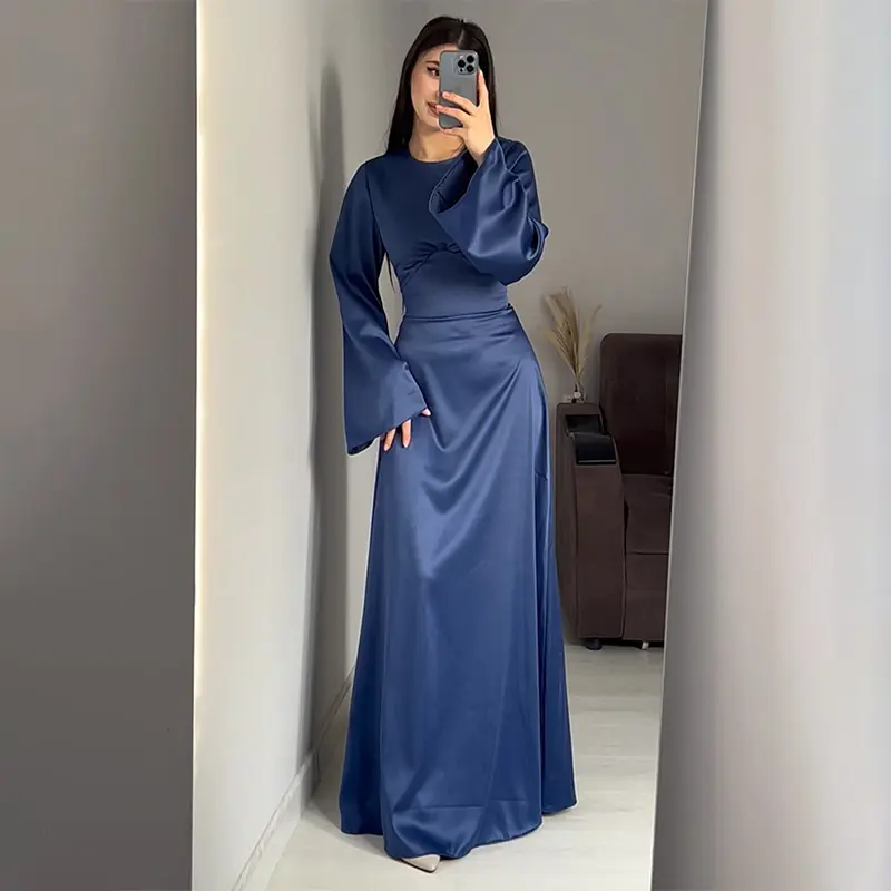 Vestido de cetim muçulmano Kuwii 2024 macio, elegante, longo, sólido, cintura solta, renda, vestido casual elegante para festas, hijabs para meninas, 3504
