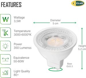 Clar-gu5.3 MR16 dẫn bóng đèn 12V 3.5W, 5W ấm trắng, không Dimmable, lý tưởng cho đèn sân khấu lõm - Product Image 2