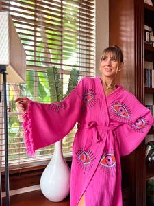 豪華な綿100% ローブフルスリーブ美しい手刺繍作業無地ピンク色フロントオープンプラスサイズリゾートウェア着物