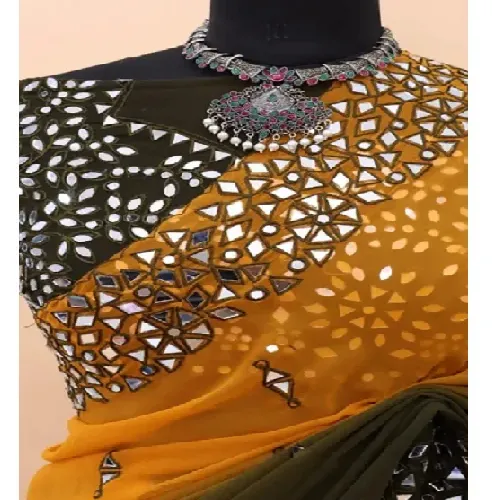 다크 블루 하이 컬러 럭셔리 조젯 시퀀스 자수 사리 블라우스 조각 인도 파티 여성 의류 디자이너 사리