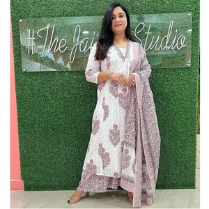 Bayanlar için orijinal kalite parti giyim Kurti seti ile Dupatta tam Set pamuk Kurtis ile el bloğu baskılı Salwar Kameez - Product Image 1