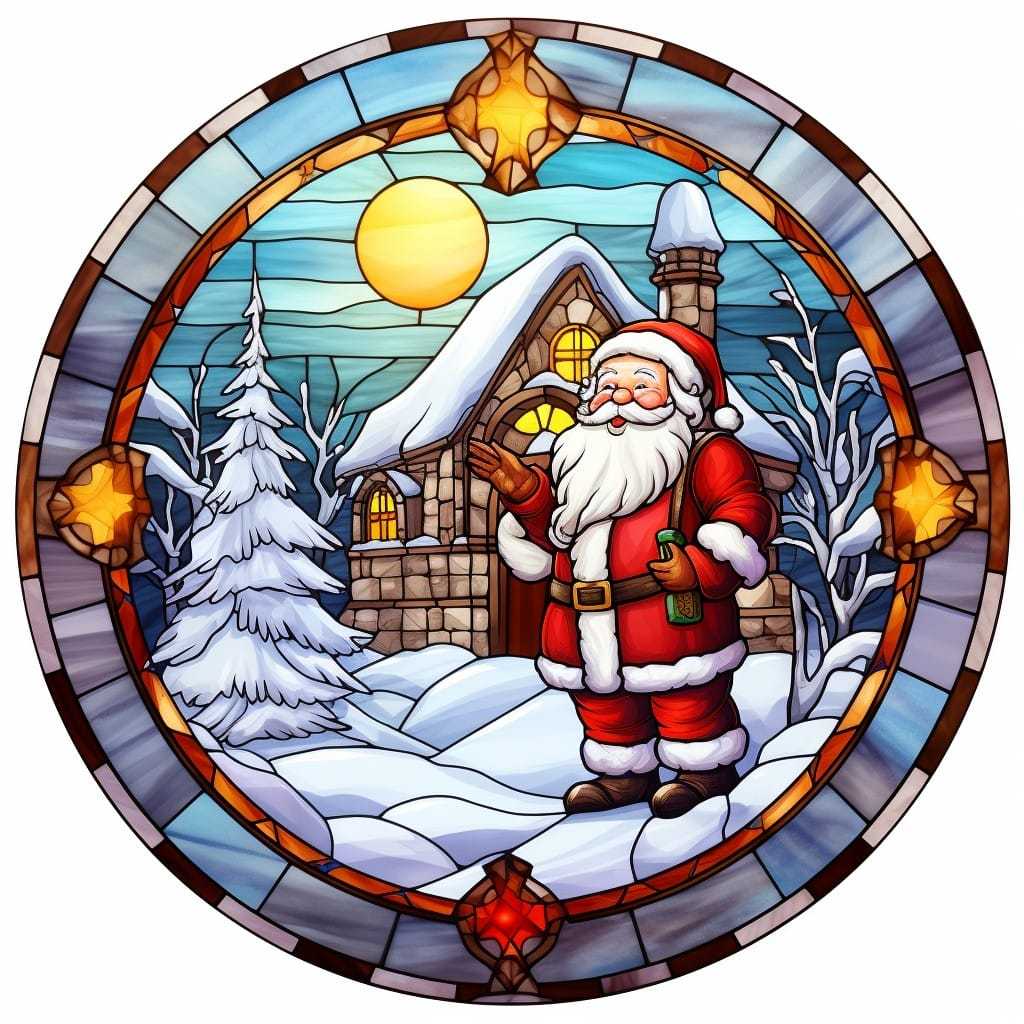 Santa waving snowy cottage