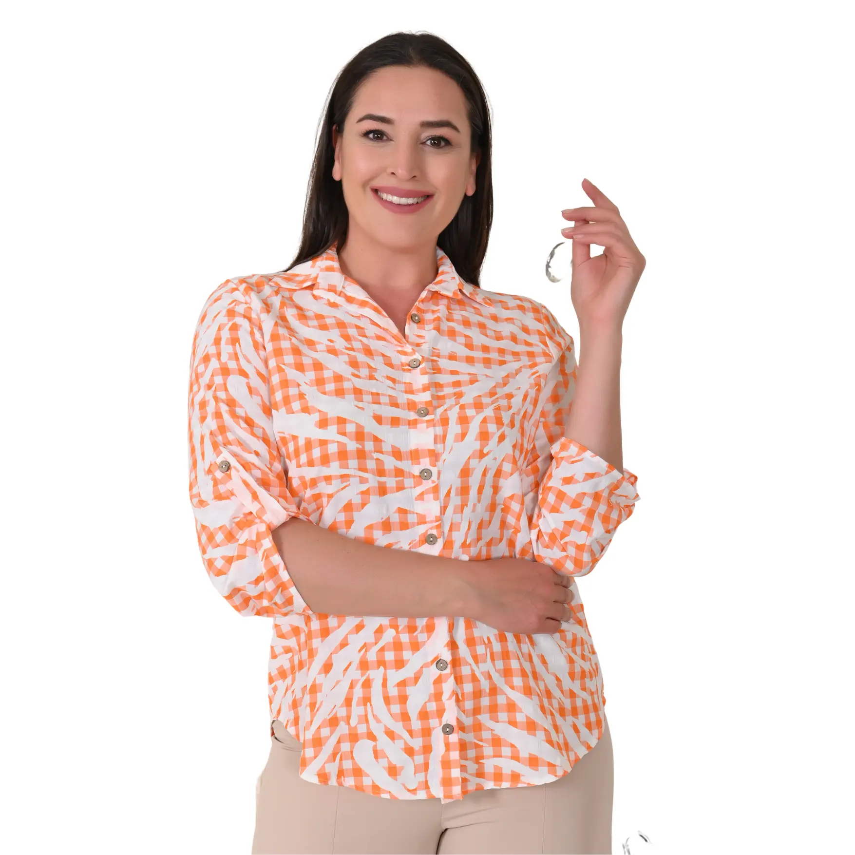 Mulheres Tendência Camisa Gingham Tecido Abotoado Alças Comprimento Médio Gingham Algodão Tecido Largo Elegante e Qualidade