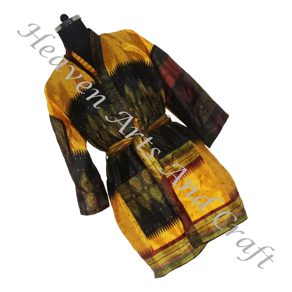 KS006 Vintage ipek Sari kısa kollu Vintage Sari Kimono kısa Boho sabahlık Vintage Kimono kısa nedime elbisesi