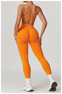 2024 yeni özel Logo kadın dikişsiz turuncu Yoga kısa Set hafif dört yönlü streç sarı egzersiz dişli üç parçalı aktif - Product Image 3