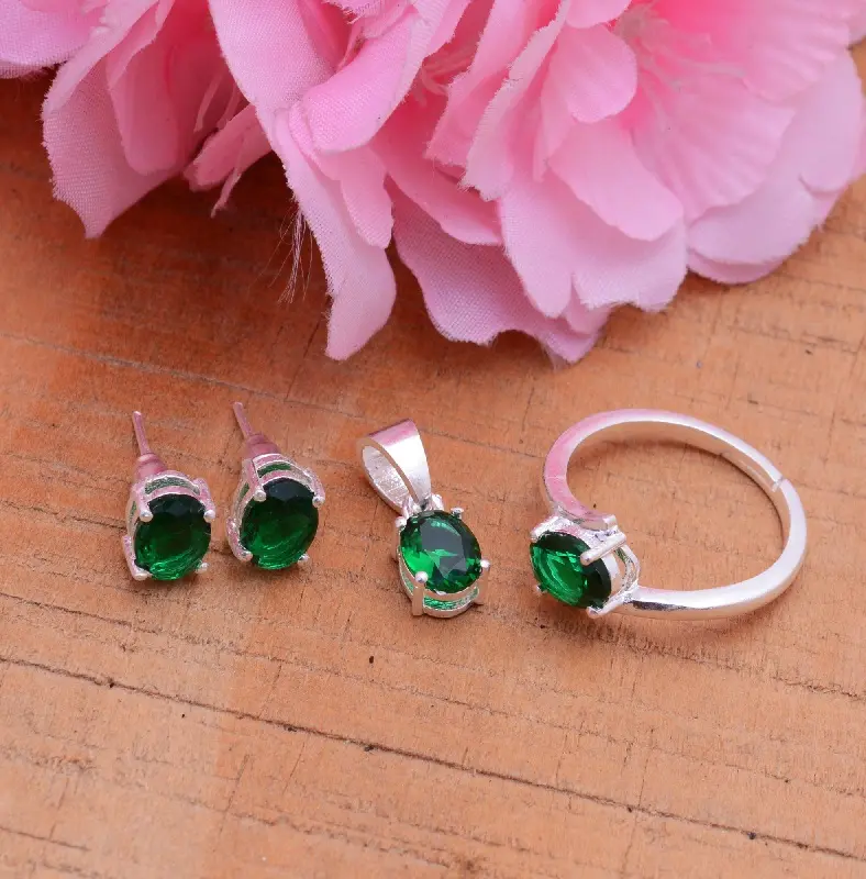 925 Silver Plated Green Onyx Gemstone Ring Pendant And Earring Set Three Piece Set Of Jewelry