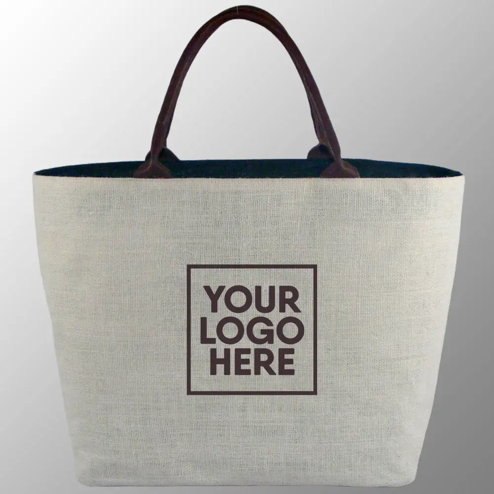 Bolsa de yute grande blanca de playa de nuevo diseño, bolsa de mano de arpillera ecológica personalizada con asas de cuero real, promoción de compras reutilizable