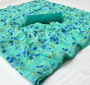 Saf şifon fantezi dantel sınır ve fantezi bluz hafif Saree dijital çiçek baskı gündelik giyim