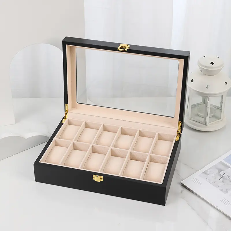 2/3/5/6/10/12 Slots Horloge Box Organizer Piano Met Bakverf Houten Sieraden Opbergdoos Mannen Glazen Top Horloges Display Dozen