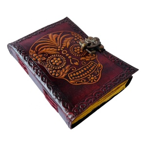 Handmade Soft Genuine Leather Day of the Dead Skull Embossed Design <strong>Notebook</strong> <strong>With</strong> Brown &amp; Yellow <strong>Color</strong> Journal Writing <strong>Note</strong> Book - Product Image 1