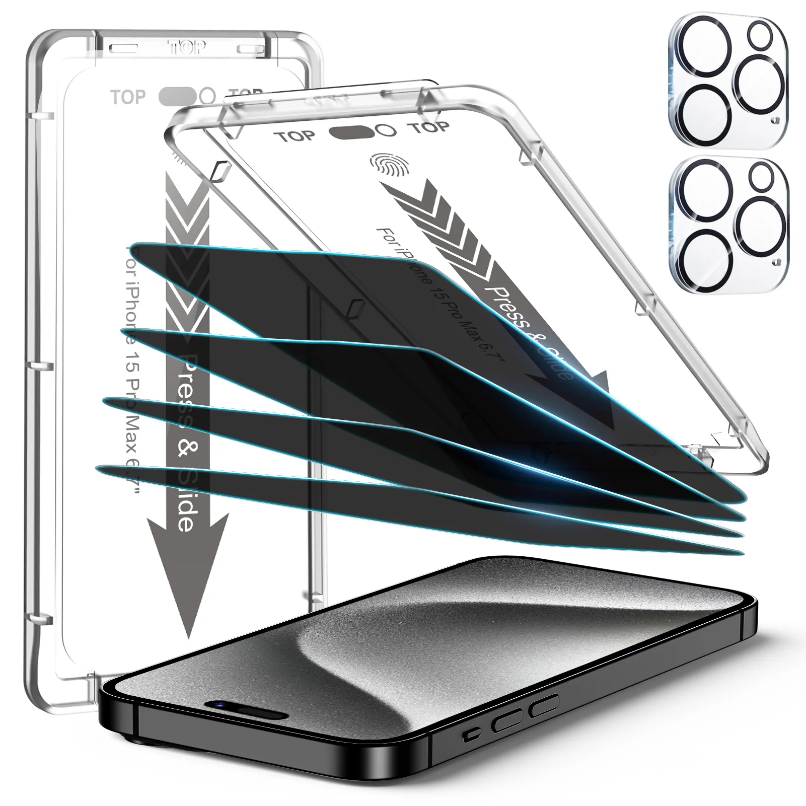 EZ-GLAZ Kit de Instalação de Privacidade para iphone 15 14 13 Pro Max Vidro Temperado Anti-espião Protetor de Tela 4 Pacotes de Dureza Dupla