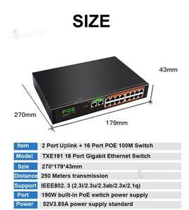 POE-Switch 1000-Mbit/s-Switch Ethernet-Gigabit-Netzwerk 16-Port-PoE 2-Port-UpLink 52-V-Strom versorgung für IP-Kamera/WLAN-Router - Product Image 5