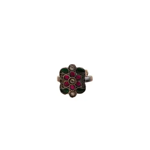 Beato Design personalizzato anello in argento ossidato con pietra multicolore borchiata motivo floreale per ufficio donna usura costo all'ingrosso