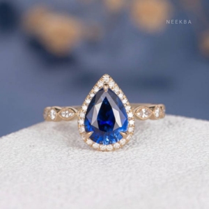 10K katı sarı altın 7*9mm armut şekilli Lab-Grown mavi safir ve markiz kesim moissanit ışık halkası-hindistan'dan güzel takı