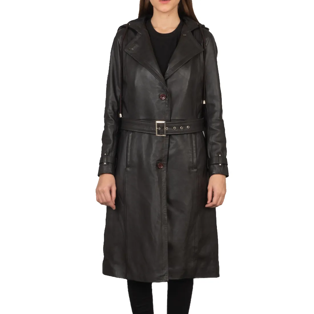 Trench rouge vin Slim moto Pu manteau en cuir long slim avec ceinture trench en cuir pour femmes