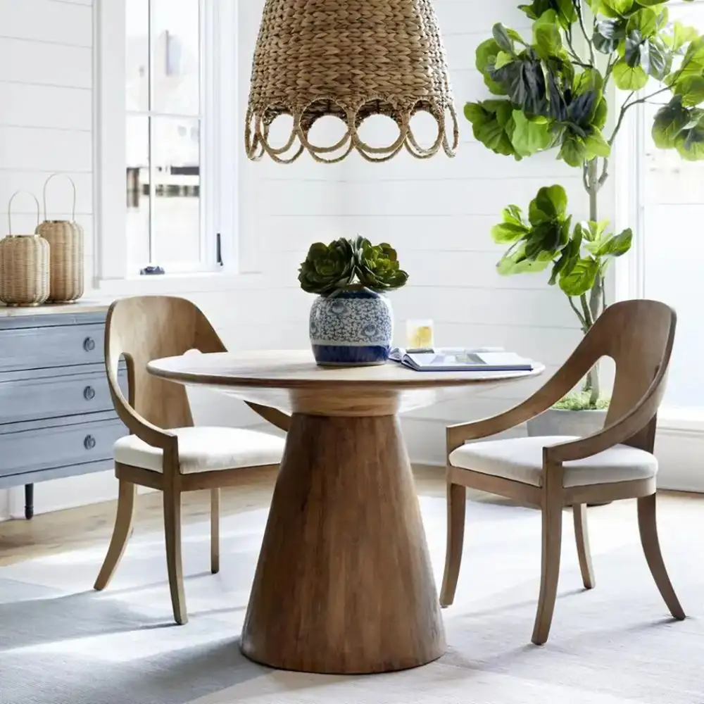 Mesa de comedor de madera maciza redonda para sala de estar real antigua vintage de lujo moderno con silla Derma de 2 sillas