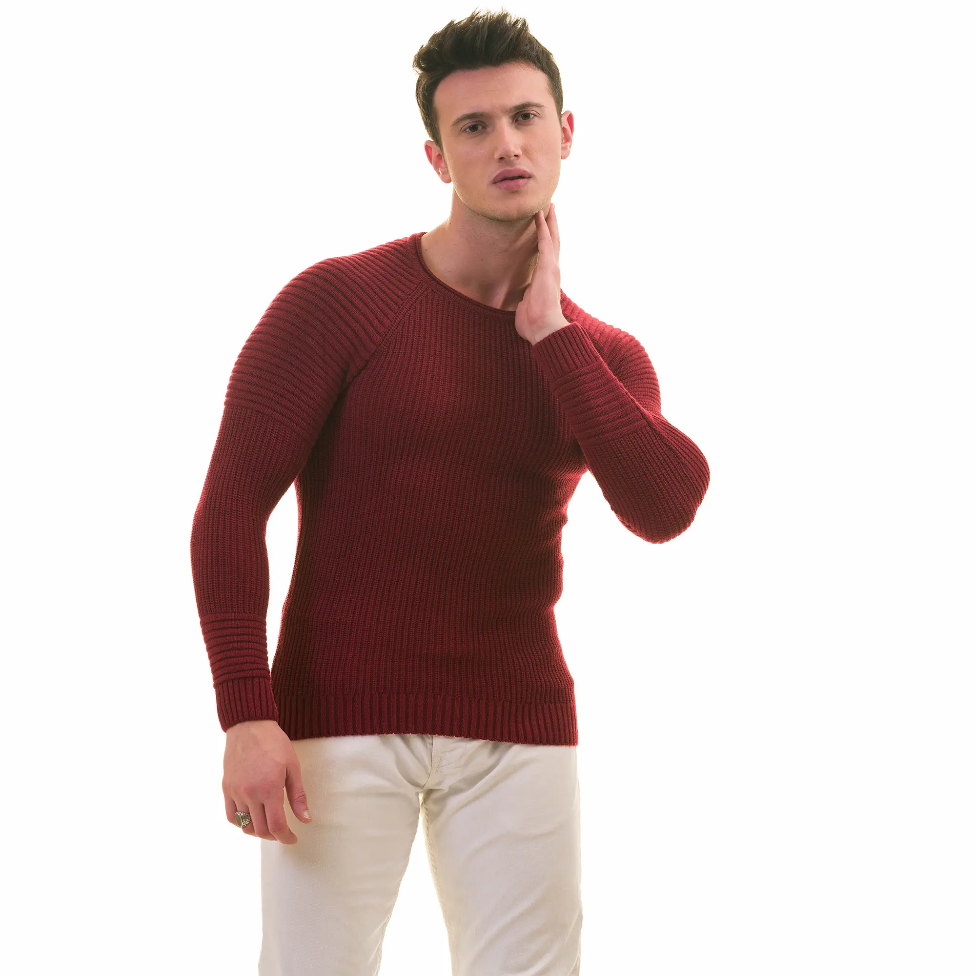 Suéteres deshilachados para hombre, ropa de calle de moda, suéteres sueltos de punto desgastados de Color sólido, suéteres de lyra roja