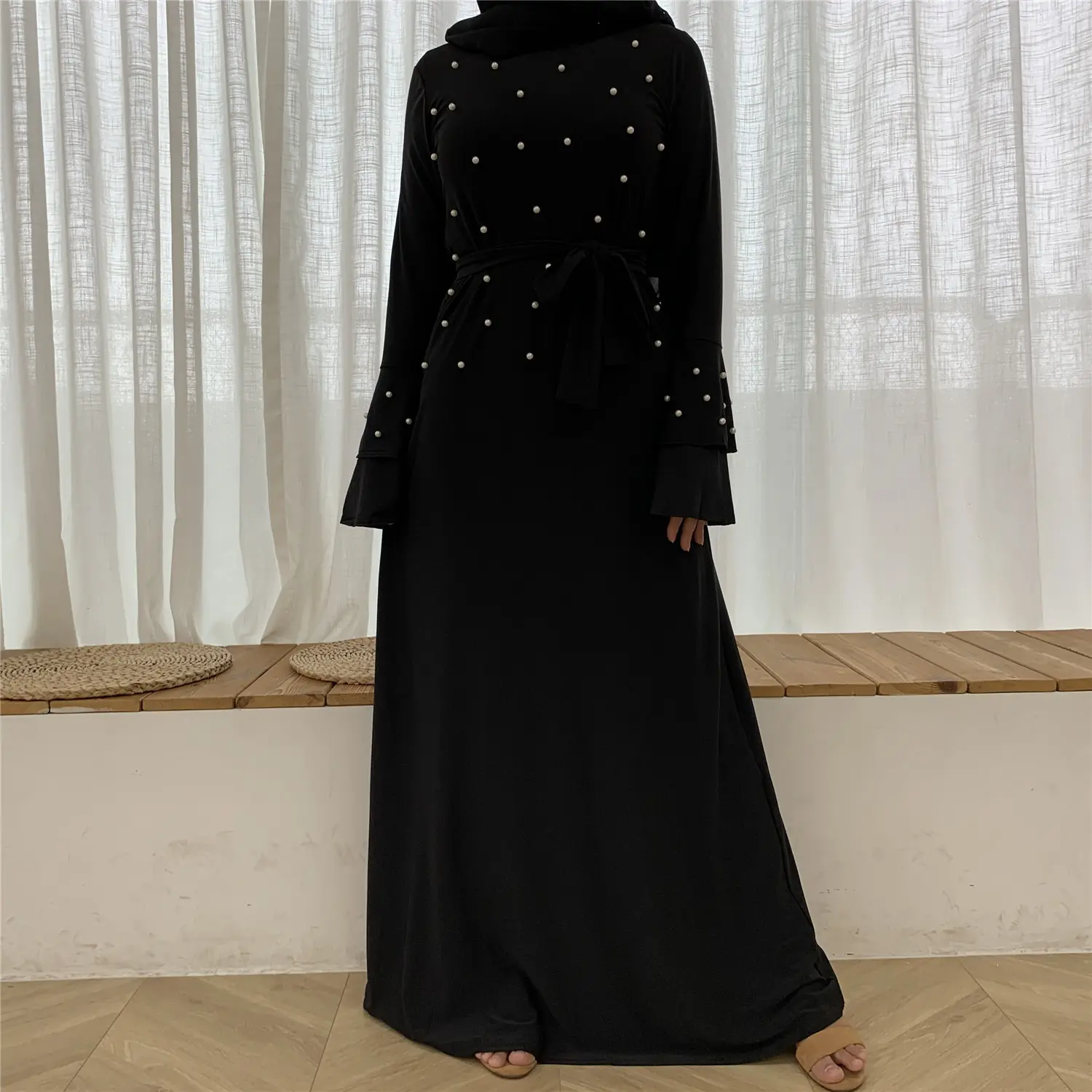 AM129C卸売アバヤ女性イスラム教徒ドレスプラスサイズシフォンカジュアルトランペット袖イスラム服エレガントなビーズカーディガン