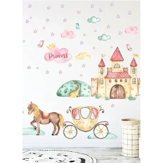 Cuento de hadas princesa Castillo y caballo escuela guardería habitación infantil colorido pegatina de pared