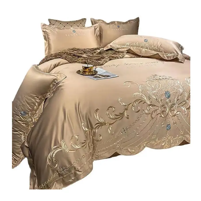 Set tempat tidur emas Royal bordir Satin selimut ganda penutup seprai sarung bantal