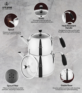 LIFE SMILE 18/10 Stainless Steel Double Kettle <strong>Tea</strong> Pots <strong>Set</strong> Induction Compatible Teapot with Heat Resistant Handle and Lid