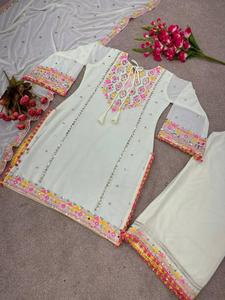 Etnik Plazo Set sahte Georgette ağır nakış dizisi hindistan'dan pom pom daha az sınır ile gerçek ayna İşi ile çalışmak - Product Image 5