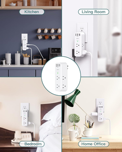 带旋转和多插头的插座扩展器，带6个交流3个USB端口 (1个USB C)，带壁式适配器充电器的3面电源带 - Product Image 3
