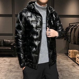 男士休闲厚外套时尚派克夹克带兜帽长防风黄色闪亮外套 - Product Image 5