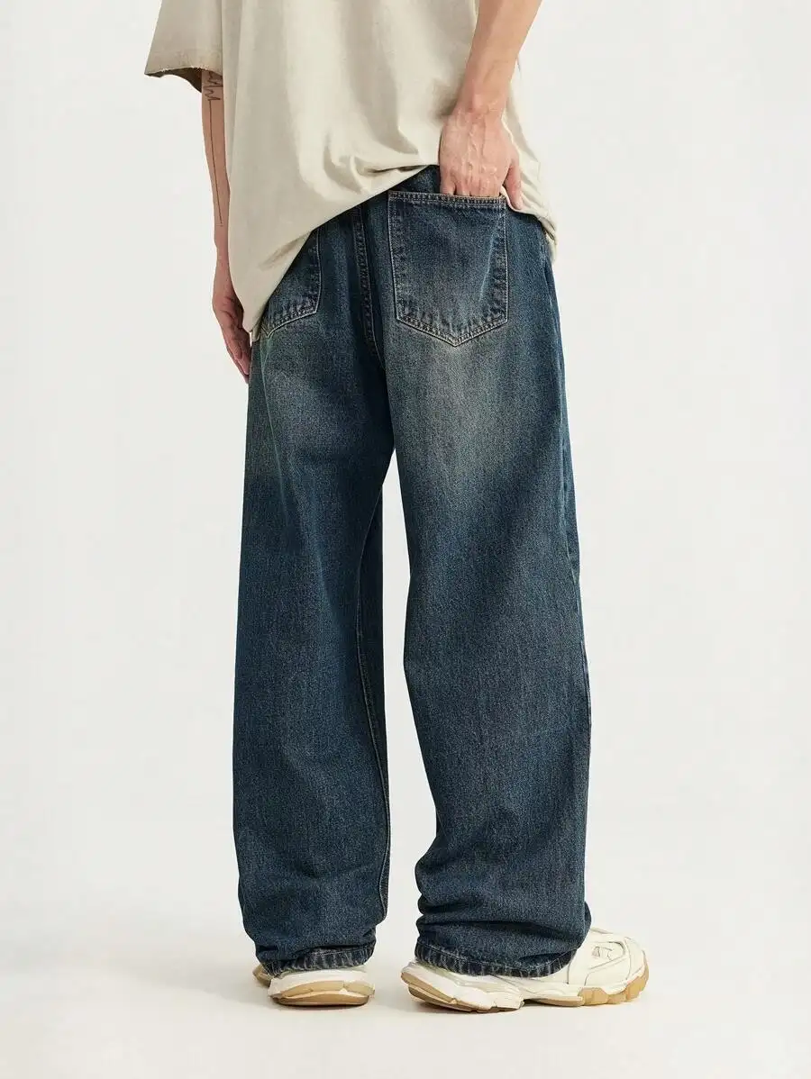 Logo personnalisé pour homme Pantalons jeans bleus à jambes larges Pantalons en denim blanc délavé vintage Jeans évasés classiques pour homme