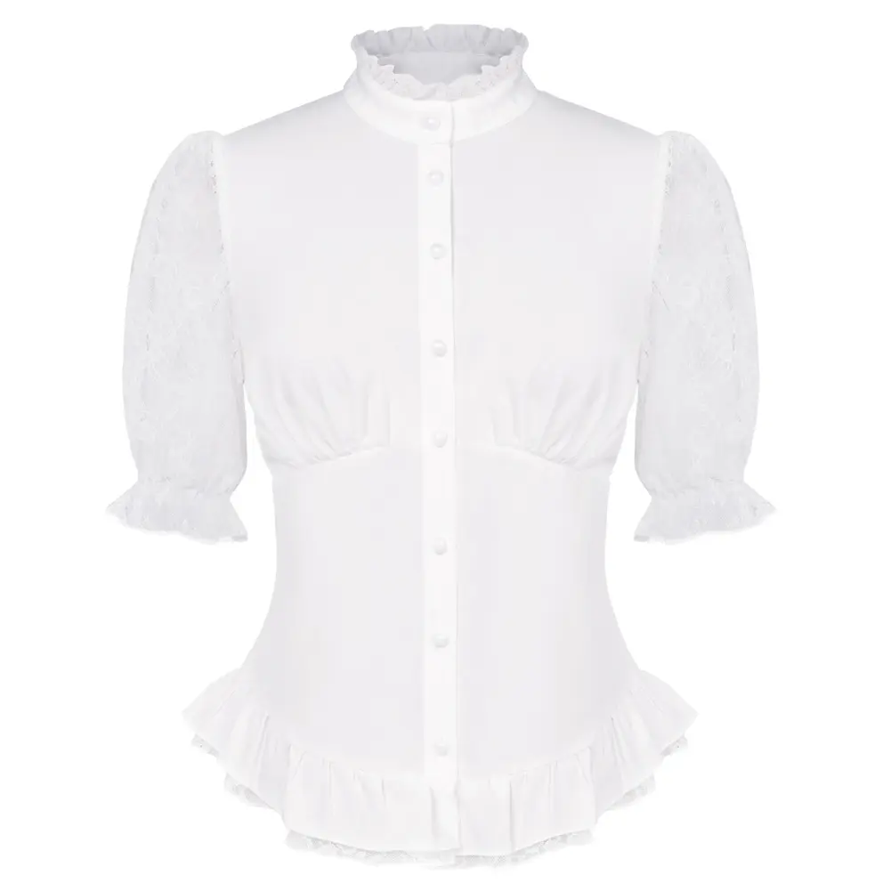 OEM Vintage Contraste Tecido Camisa 1/2 Manga Ruffled Hem Top Para Mulheres Collar Stand Camisa Gótica