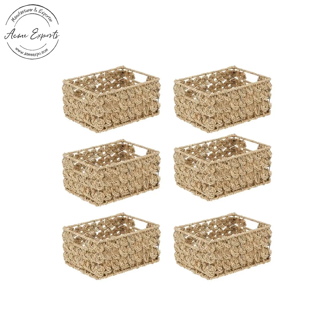 Conjunto de qualidade de luxo de 6 ervas marinhas Natural Tecido retangular Armazenamento Basket Bin com alças usadas para armazenamento Food Snacks & Fruits