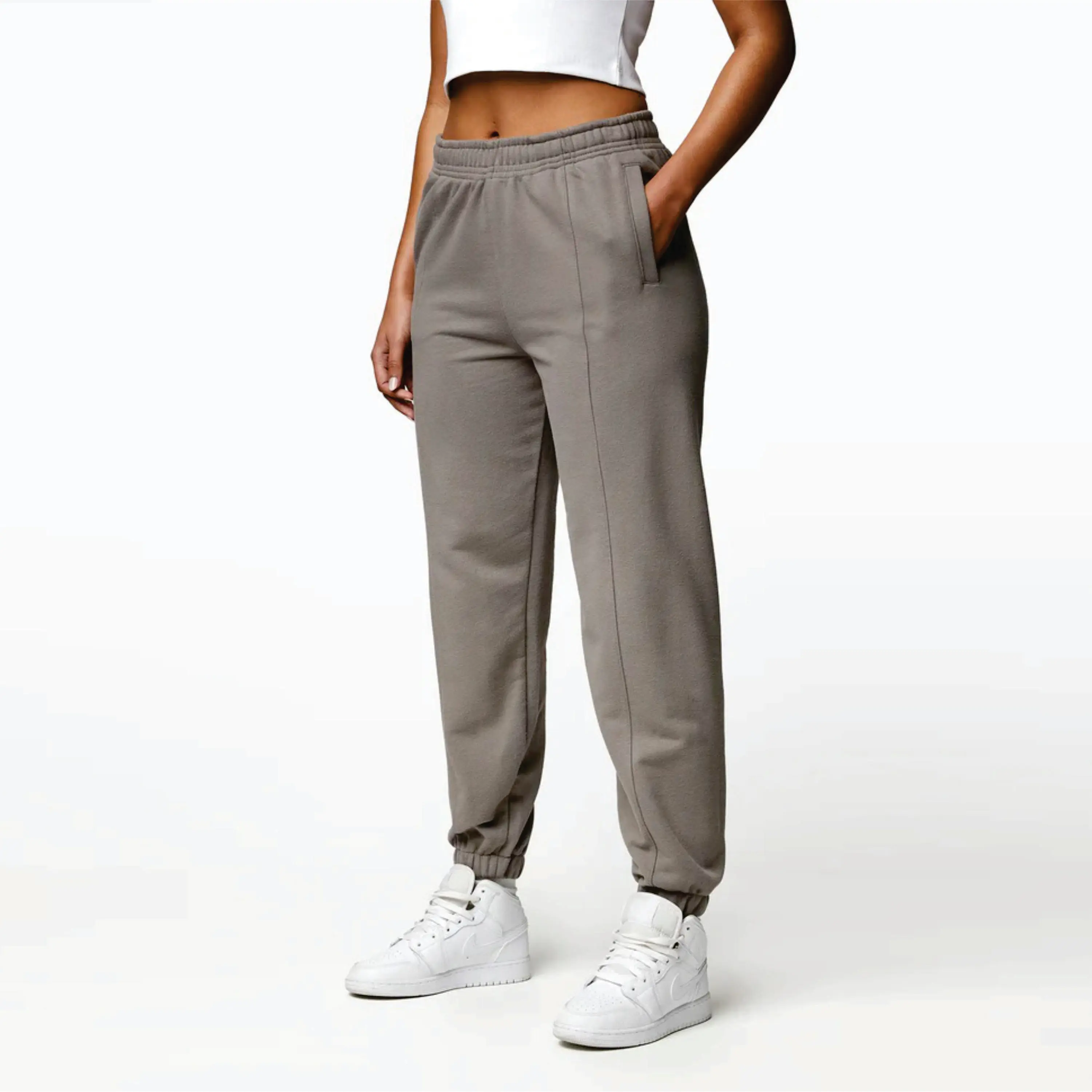 Vestibilità rilassata finitura lavata 60% cotone 40% poliestere ombra gamba dritta Jogger pantaloni della tuta da donna con peltro scuro