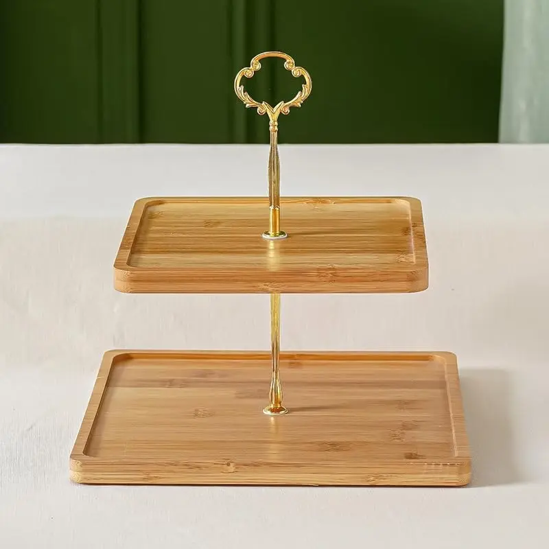 Meilleur support à cupcake carré en bois brillant fini avec poignée en métal doré support à gâteau à deux niveaux