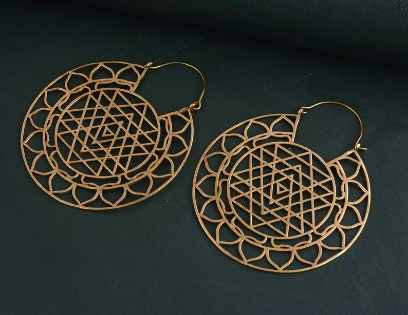 Sri Yantra grandi orecchini a cerchio d'oro in ottone geometria sacra con Design tribale enormi cerchi creoli per gioielli di moda
