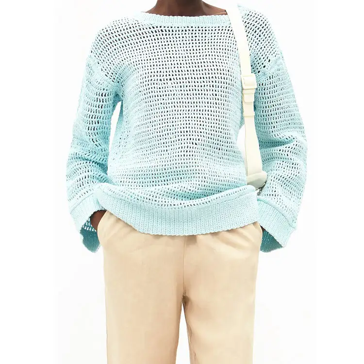 Suéter de punto de ganchillo en blanco de Primavera de diseñador con logotipo personalizado suéter de mujer tejido a mano de manga larga suéter de mujer