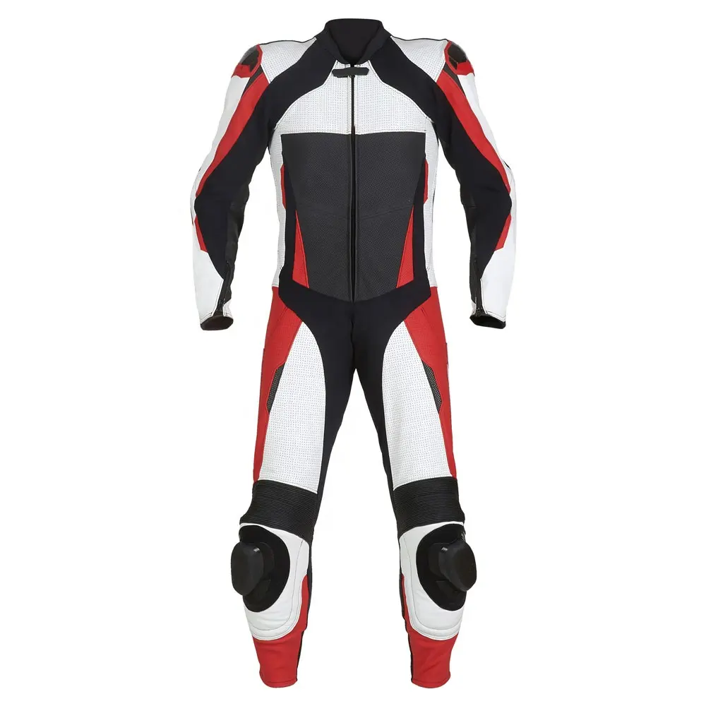 Vestito da moto realizzato in vera pelle in pelle, rosso bianco e nero, vestito di abbigliamento da corsa per motociclisti in pelle