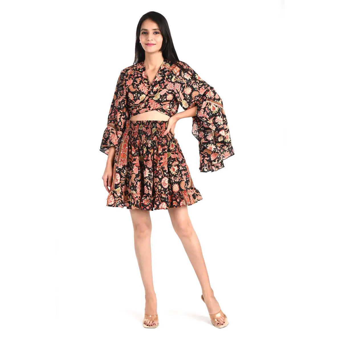 Saree-Conjunto de falda y Top, ropa de playa de seda, Vestido corto de verano
