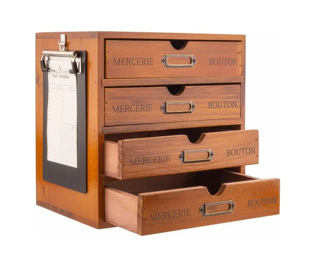 Caixa De Armazenamento De Madeira Rústico Desktop Organizer com Gavetas/Etiquetas 4 Tier Acessórios de Escritório Prateleira com A6 Clipboard Pequeno