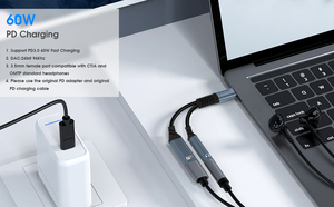 工厂原始设备制造商USB C至3.5毫米耳机充电器适配器2合1 USB C至Aux音频插孔，带PD 60w快速充电加密狗电缆线 - Product Image 2