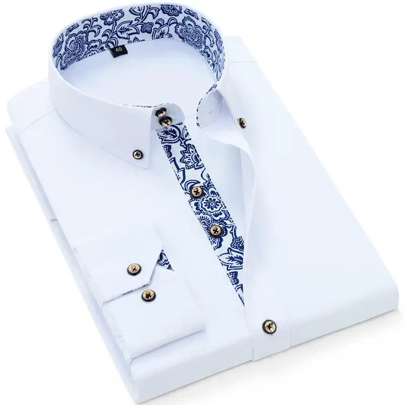 Camisa branca de algodão para homens, camisa de manga completa com botões e gola dupla, cor contrastante, novidade em manga francesa