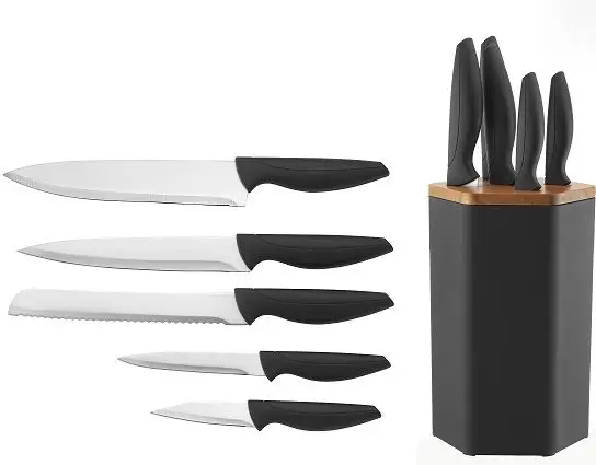 Yangjiang fabrika, mutfak şef bıçak seti 6, benzersiz kolu tasarım konfor kavrama ile PP depolama ve ahşap üst kapak