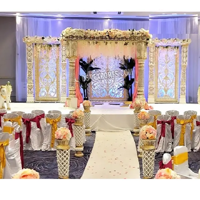 Mandap de casamento indiano com pilar esculpido Jali, decoração incrível para casamentos do sul da Índia, mandapam de luxo para casamento em ambientes internos