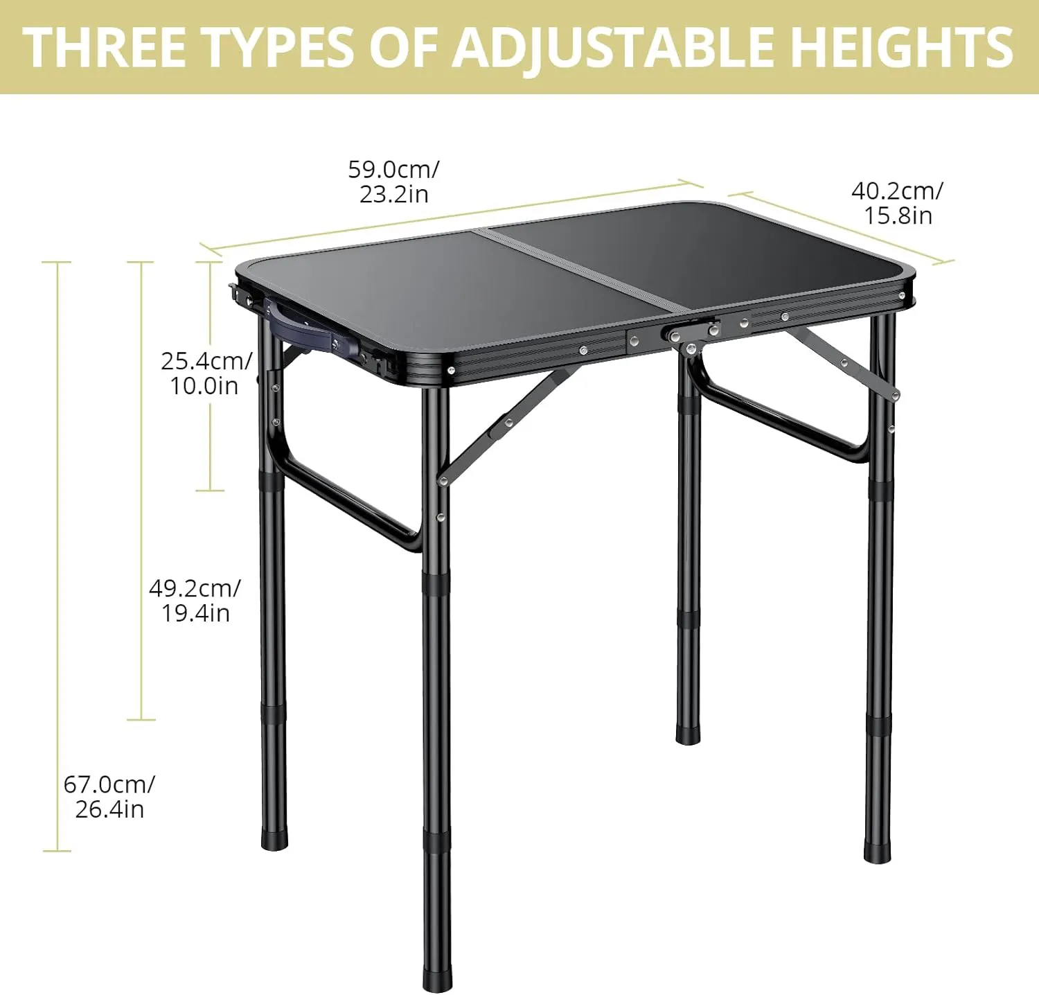 Klappbarer Campingtisch mit Ablage Netz, reines Schwarz Aluminium 2 Fuß Picknicktisch Outdoor-Tisch einstellbare Höhe