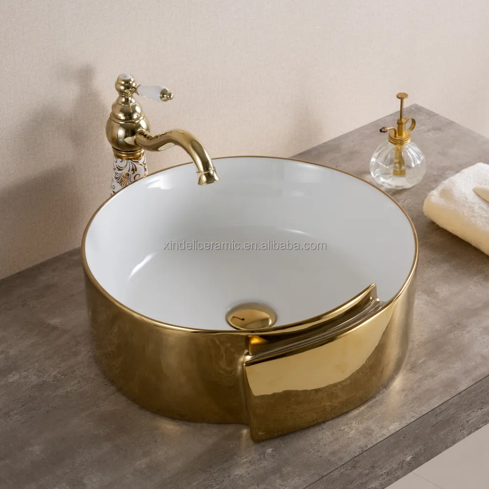 Lavabo redondo decorativo de lujo para Hotel, encimera de baño, lavamanos de mano blanco y dorado, lavabo de Arte de cerámica