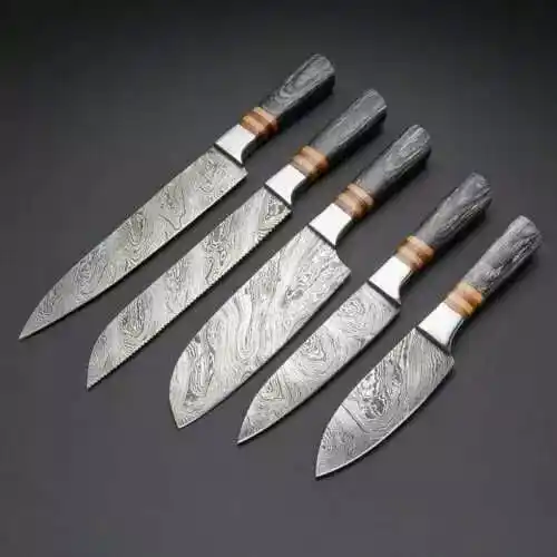 5 pièces manche en bois vente chaude ensemble de couteaux de Chef accessoire couteau de chef en acier damas ensemble de couteaux de cuisine professionnels