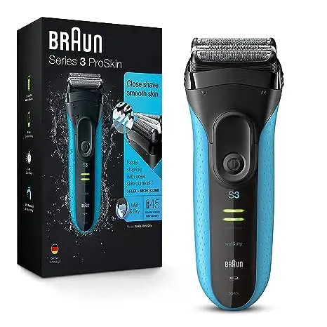 Braun elettrico serie 3 rasoio con Trimmer, ricaricabile, Wet & Dry lamina rasoio per gli uomini, blu/nero, 4 pezzi