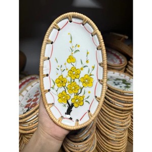 2025 <strong>NEW</strong> ITEM Rustic Style <strong>Handmade</strong> Rattan Ceramic Plate Food <strong>Tray</strong> for Tableware