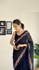 ソフトジョーゼット美しいスパンコールとマルチ刺繍加工サリー卸売価格で入手可能