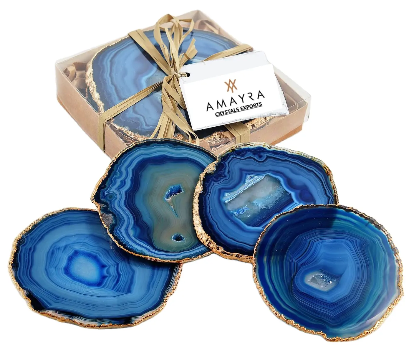 Natürliche Achat Untersetzer Blaue Farbe Geode Untersetzer Mit Goldener Beschichtung | Online kaufen bei Amayra Crystals Exports