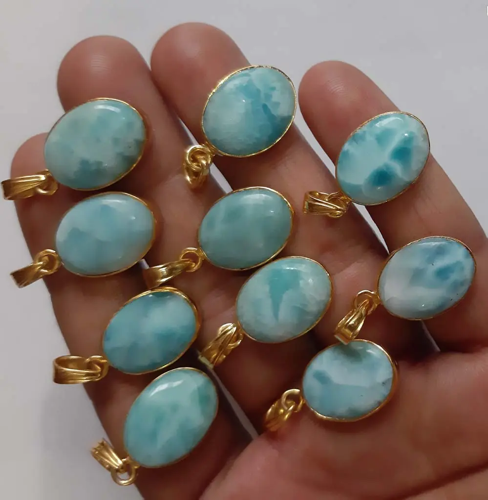 Good Quality Larimar Oval Shaped Gemstone Pendant 925 Silver Gold Plated Bezel Set Pendant Jewelry For Daily Anniversary Jewelry